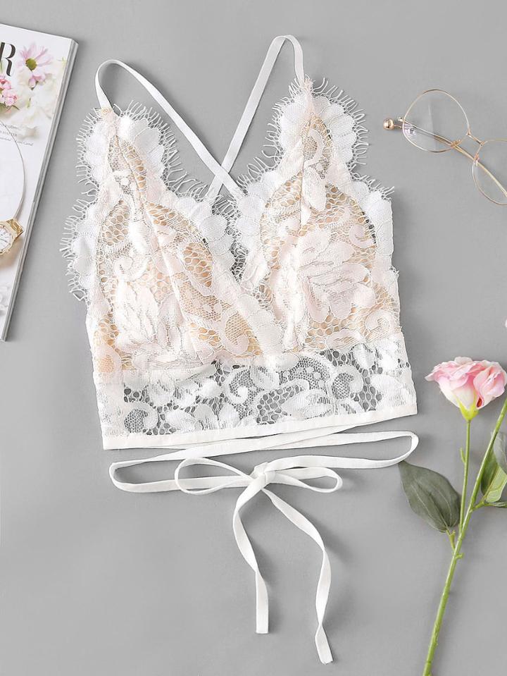 Romwe Crisscross Tie Detail Eyelash Lace Crop Top