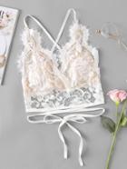 Romwe Crisscross Tie Detail Eyelash Lace Crop Top