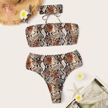 Romwe Snake Print Bandeau Bikini Set With Choker