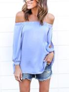 Romwe Blue Off The Shoulder Split Tie Sleeve Blouse