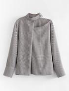 Romwe Asymmetrical Shoulder Houndstooth Blouse