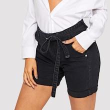 Romwe Rolled Hem Belted Denim Shorts
