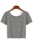 Romwe Thin Striped Crop T-shirt - Black