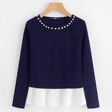 Romwe Faux Pearls Beading Neck Peplum Top