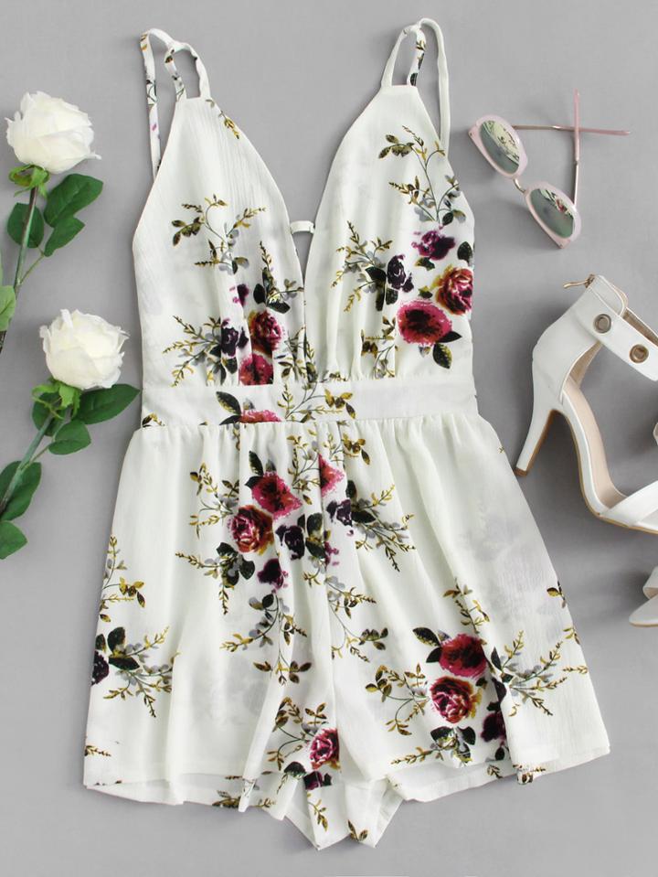 Romwe Deep V Neckline Floral Print Romper