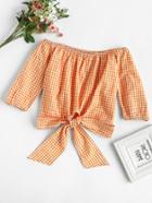 Romwe Off Shoulder Gingham Print Knot Top