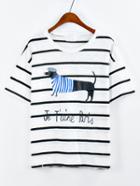 Romwe Black Striped Dog Print T-shirt