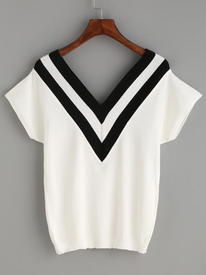 Romwe White Striped V Neck Knit Top