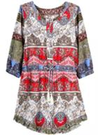 Romwe With Buttons Drawstring Florals Dress