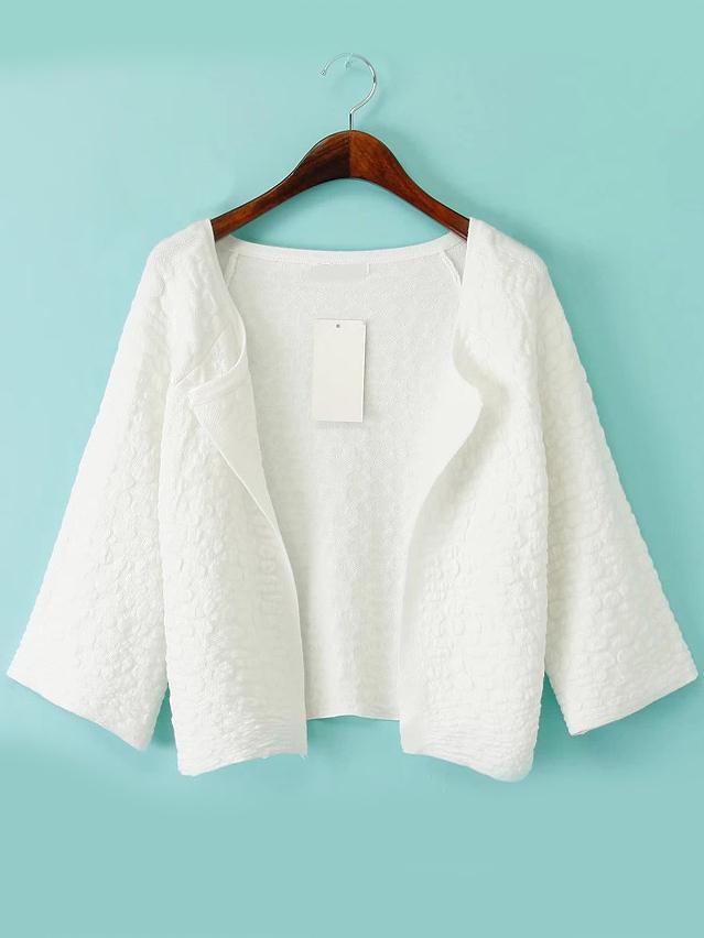 Romwe Open Front 3/4 Sleeve Jacquard Crop White Coat