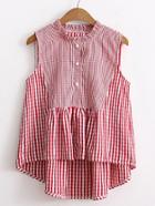 Romwe Frilled Collar Mixed Checkered Dip Hem Blouse