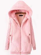 Romwe Hooded Drawstring Cartoon Embroidered Zipper Pink Coat
