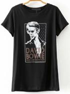 Romwe Black Portrait Print Short Sleeve T-shirt