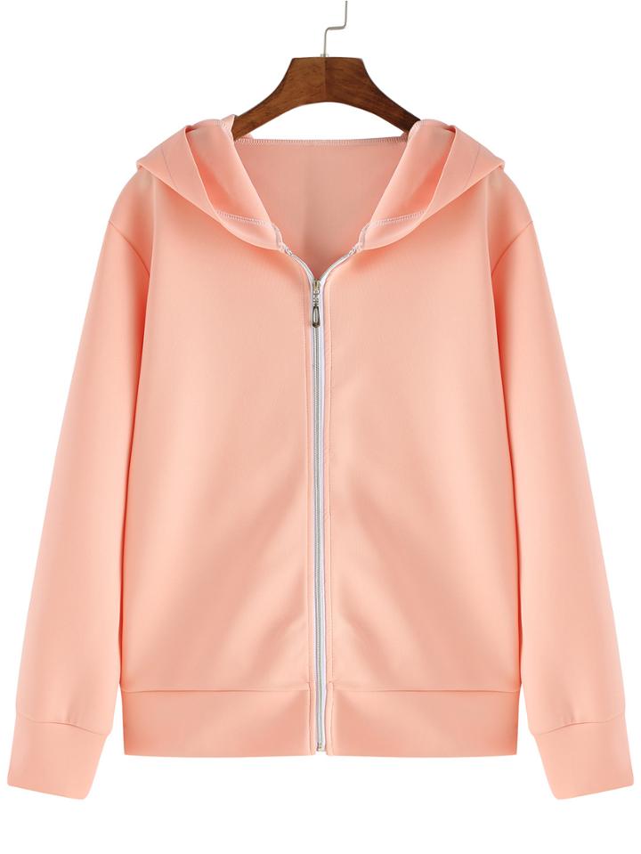 Romwe Hooded Zipper Loose Pink Sweatshirt