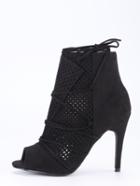 Romwe Laser-cut Lace-up Peep Toe Heels - Black