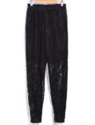 Romwe Elastic Waist Lace Embroidered Black Pant
