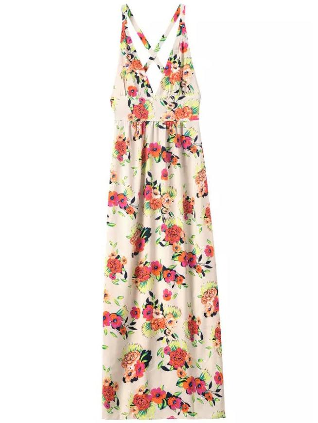 Romwe Deep V Neck Crisscross Back Florals Maxi Dress