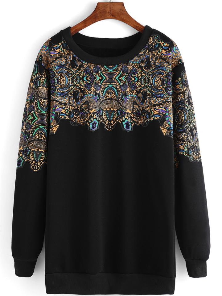 Romwe Crew Neck Totem Print Long Sweatshirt
