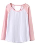 Romwe Contrast Sleeve Hollow Pink T-shirt