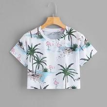 Romwe Flamingo And Tropical Print Crop Tee
