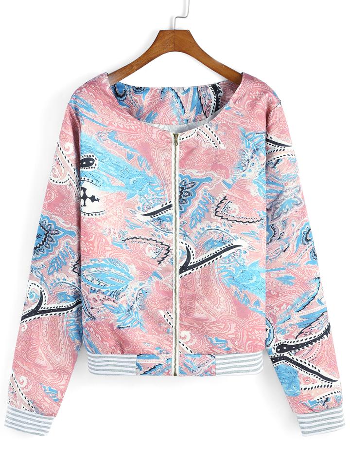 Romwe Round Neck Paisley Print Zipper Jacket