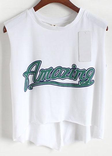 Romwe Dip Hem Letter Print White Tank Top