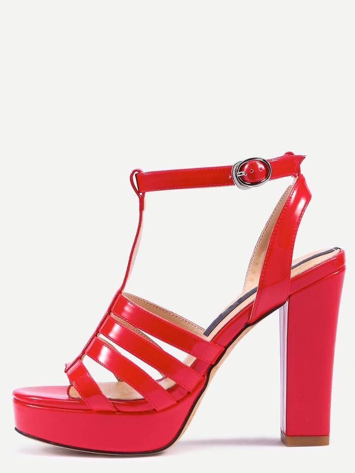 Romwe Red Peep Toe T-strap Buckle Platform Chunky Sandals