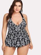 Romwe Geometric Print Crochet Back Swimwear