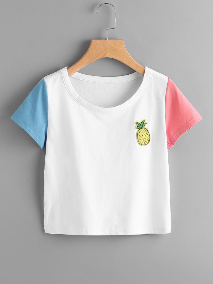 Romwe Pineapple Patch Contrast Sleeve Tee