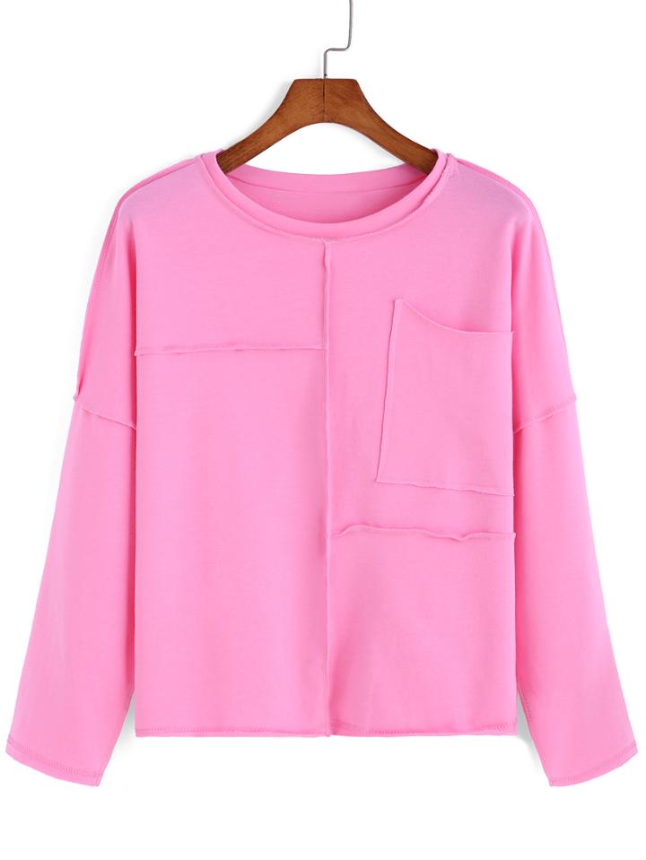 Romwe Round Neck Pocket Pink Sweatshirt
