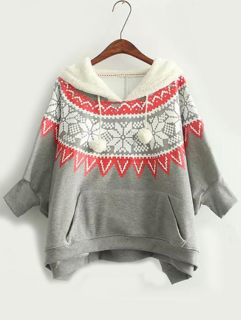 Romwe Hooded Snowflake Print Light Grey Sweatshirt