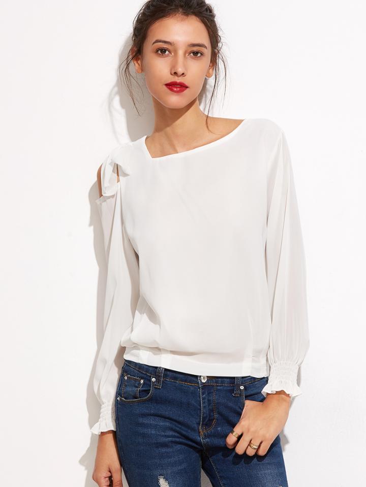 Romwe White Tie Shoulder Shirred Cuff Chiffon Top