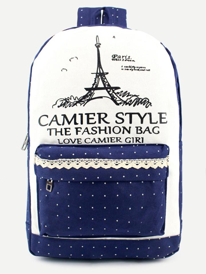 Romwe Blue Lace Trim Polka Dot Print Canvas Backpack