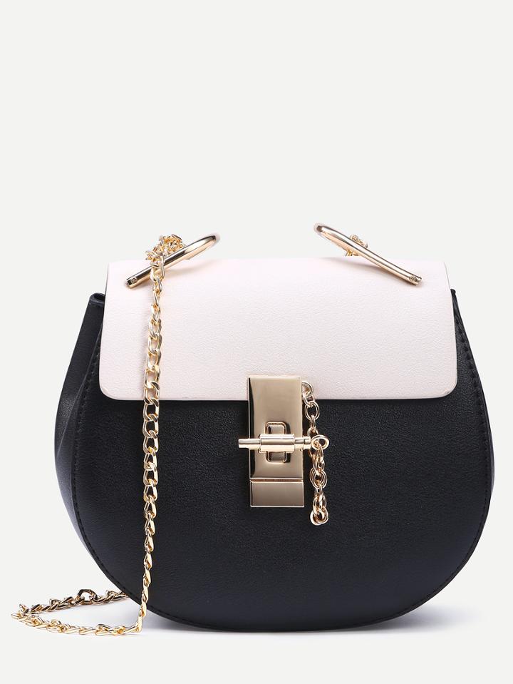 Romwe Black Contrast Flap Chain Saddle Bag