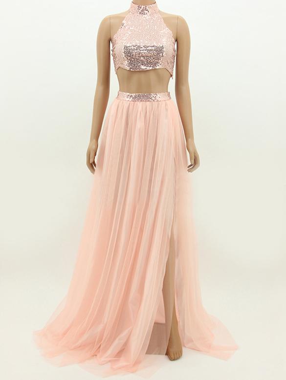 Romwe Halter Glittering Crop Top Split Pink Skirt