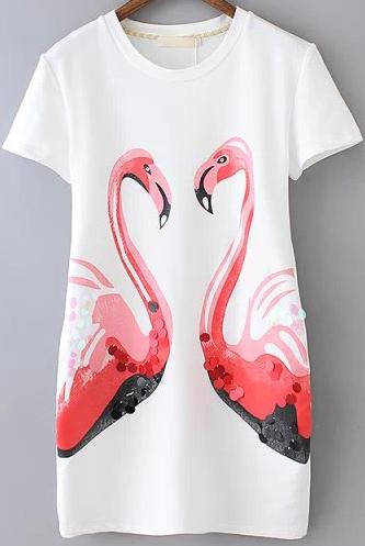 Romwe White Short Sleeve Swan Print Bodycon Dress