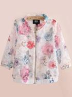 Romwe Stand Collar With Zipper Florals Organza White Coat