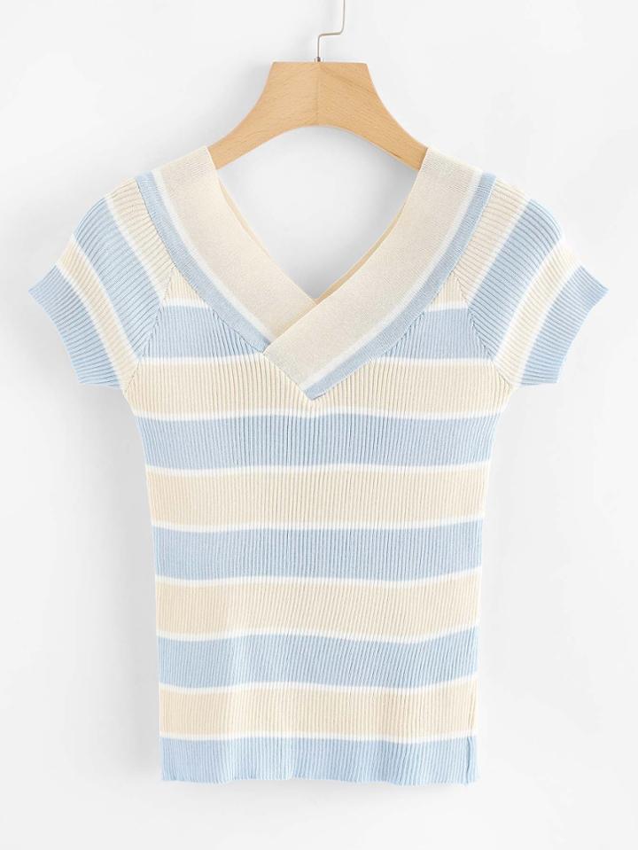 Romwe V Neckline Striped Knit Tee
