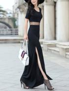 Romwe Mesh Insert Side Slit Maxi Dress - Black