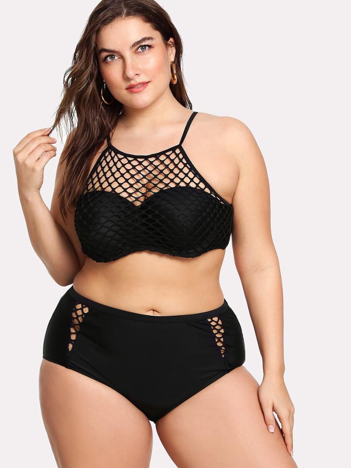 Romwe Eyelet Overlay Halter Bikini Set