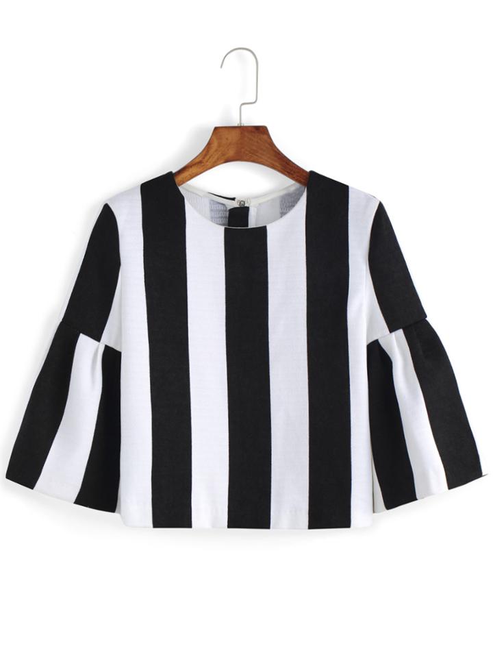 Romwe Bell Sleeve Vertical Striped Crop Blouse