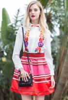 Romwe White Lapel Long Sleeve Embroidered Top With Red Skirt
