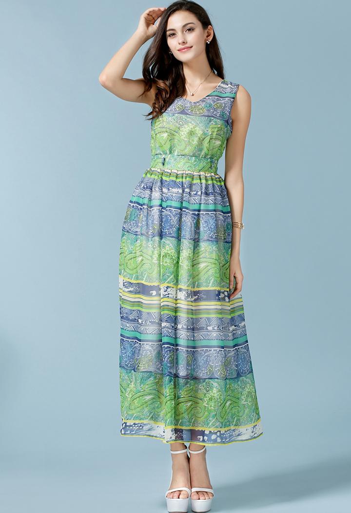Romwe Florals Chiffon Green Dress