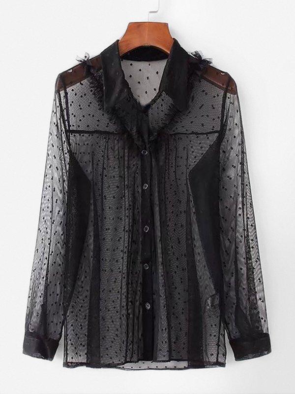 Romwe Frill Trim Dotted Mesh Shirt