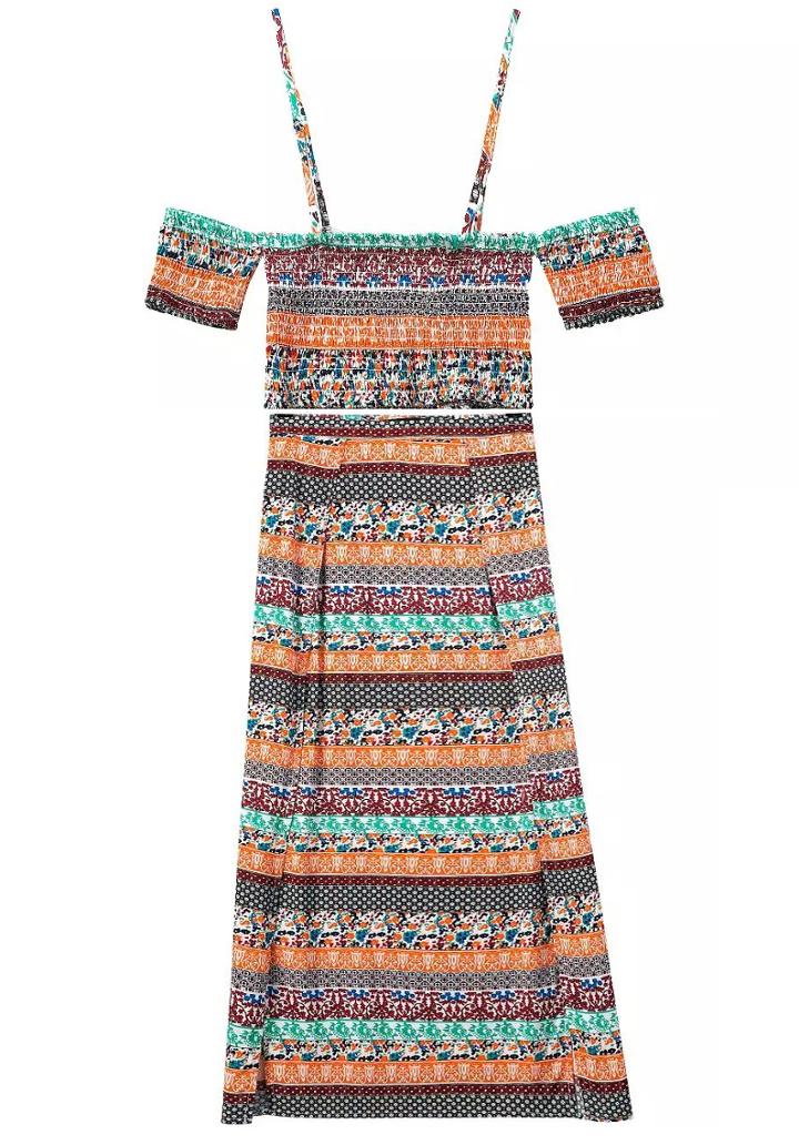 Romwe Multicolor Spaghetti Strap Crop Top With Striped Skirt
