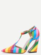 Romwe Multicolor Pointed Toe Buckle T-strap Chunky Pumps
