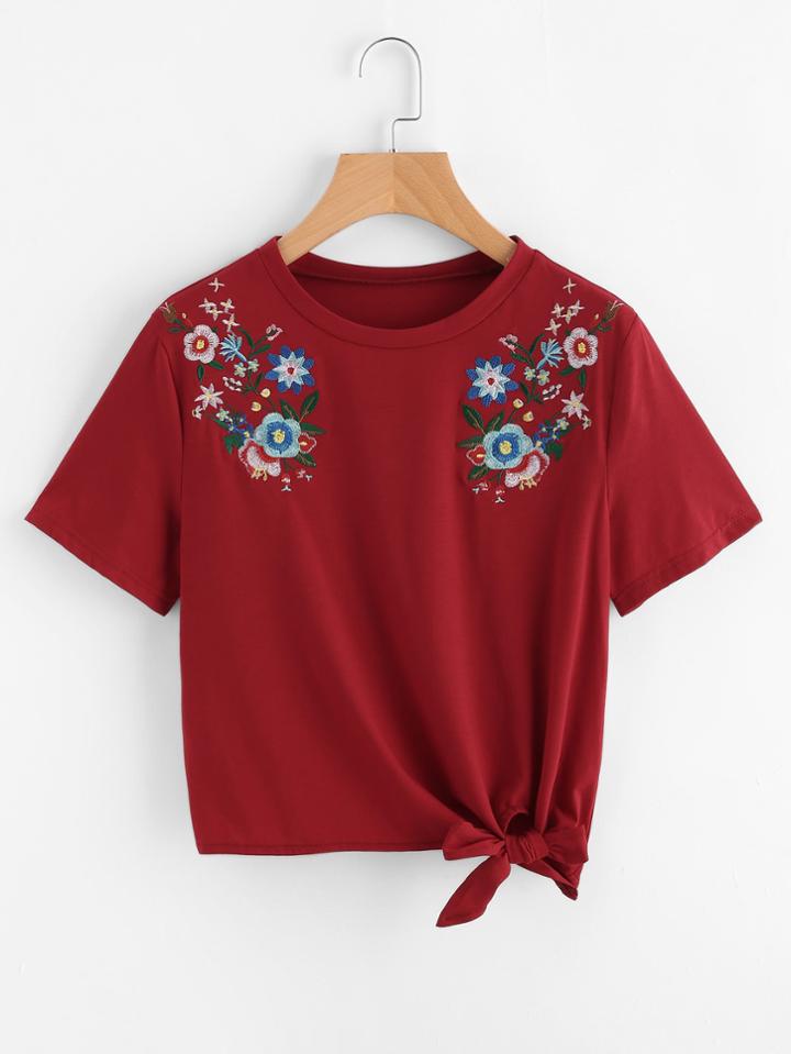Romwe Symmetric Flower Embroidered Knot Hem Tee