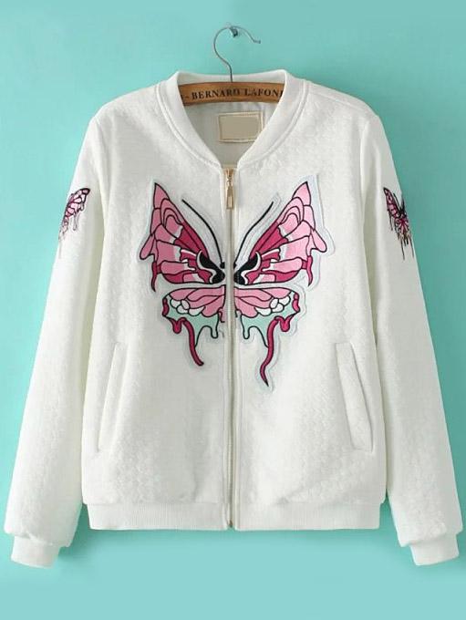 Romwe Butterfly Embroidered Patch Zipper Coat