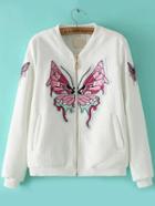 Romwe Butterfly Embroidered Patch Zipper Coat