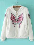 Romwe Butterfly Embroidered Patch Zipper Coat
